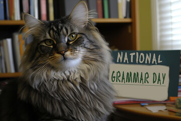 Katze and National Grammar day | Maine coon cat with a sign of national grammar day and a shelfbook. Ai