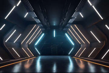 Sci fi futuristic studio stage dark room in space station with glowing neon lights background
