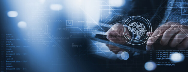 AI Technology. Businessman working on virtual digital brain with machine learning of Artificial...