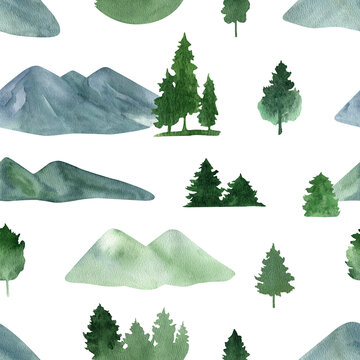 Hand drawn watercolor blue and green mountains and evergreen trees seamless pattern