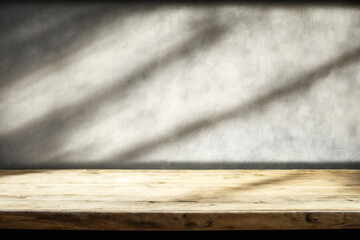 Wood table counter with concrete grunge texture background

