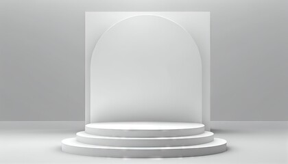 The pedestal of the Platform is displayed with a modern stand podium on white room background. Blank Exhibition stage backdrop or empty product shelf. 3D rendering. Generative AI.