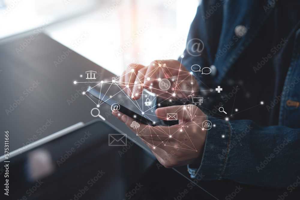 Poster internet of things iot, e-commerce concept. woman using mobile phone with internet network connectio