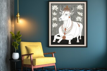 White Cow with Lotus in a Beautiful Painting of Lord Shreenathji Pichwai. Decorative Wall Art from Rajasthan by Kamal Talai Artist. Generative AI