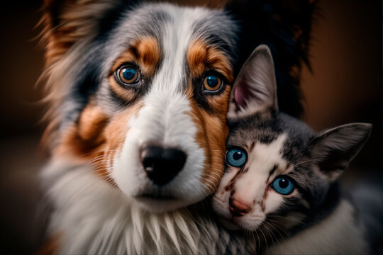 A dog and a cat together and cuddled in good harmony. Love and affection between pets. Adoption of pets. Generative AI
