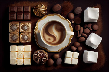 turkish coffee,turkish delight and chocolate on brown wooden table background.Top view.Created with generative ai - obrazy, fototapety, plakaty