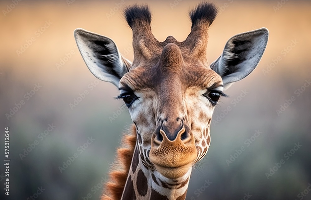 Poster a close-up of a giraffe's head is set against a hazy field. generative ai