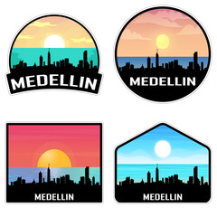 Medellin Colombia Skyline Silhouette Retro Vintage Sunset Medellin Lover Travel Souvenir Sticker Vector Illustration SVG EPS AI