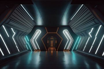 Sci fi futuristic studio stage dark room in space station with glowing neon lights background
