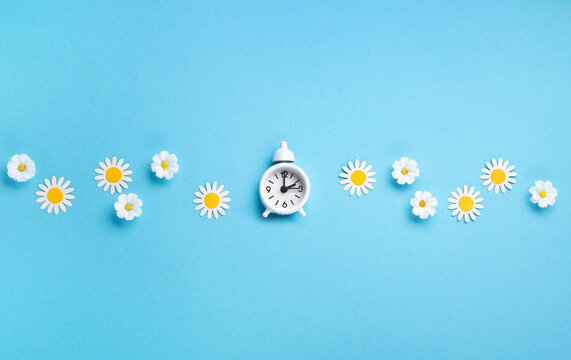 White Alarm Clock and Spring Daisy Flowers on Blue Background
