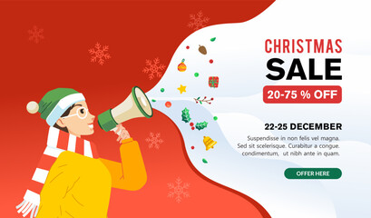 Happy woman holding megaphone shouting loud calls customers announcing christmas sale Promotion advertising concept