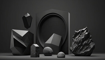 Minimalist Geometric Black Stone and Rock Background for Podium Display - 3D Rendering Mockup