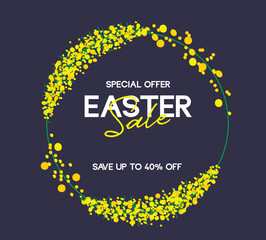 Fototapeta premium Easter Sale banner design with spring blossoms and dark blue background. Holiday Easter background with place for your text