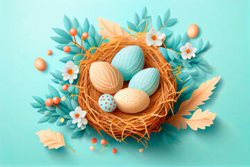 Pastel Egg Basket on Bright Background, AI Generative