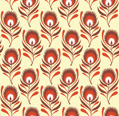 Orange and brown floral seamless vector pattern with beige background for wallpapers, backgrounds, backdrops, textiles, and various surfaces.