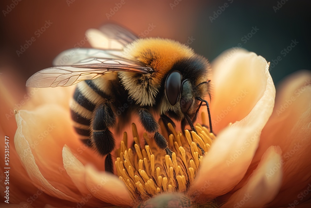 Poster image of a bee visiting a gorgeous bloom up close generative ai