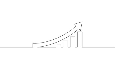 Continuous line drawing of graph up. Arrow up icon, business growth, bar chart. Object one line, single line art, vector illustration