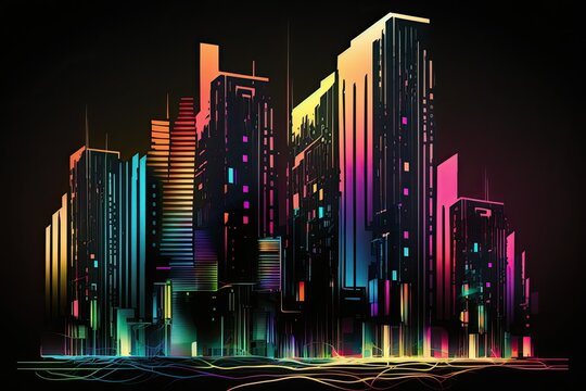 A neon colored skyscraper in a city at night, illuminated by electricity, forms the background of an illustration. Generative AI