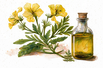 Evening primrose flower and oil watercolor style. Illustration.