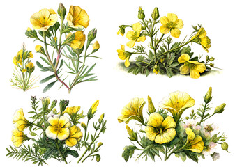 Evening primrose flower and oil watercolor style. ai generated. - obrazy, fototapety, plakaty