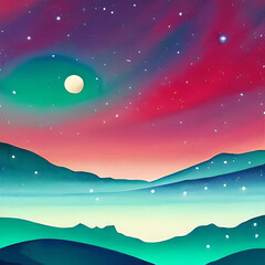 Obraz premium Tiny cute cartoon watercolor Extraterrestrial landscape, scenery of alien planet in deep space. AI generated illustration