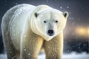 a polar bear in Japan's Hokkaido stands in the snow as the camera zooms closer. Generative AI - obrazy, fototapety, plakaty