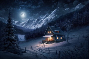 Cozy winter landscape at night with house, forest, and mountain, Generative Ai