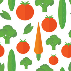 Seamless pattern with fresh vegetables - tomato, carrot, cucumber, broccoli in flat