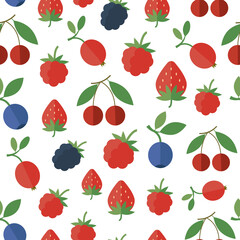 Seamless pattern with garden and wild berries and green leaves in flat style