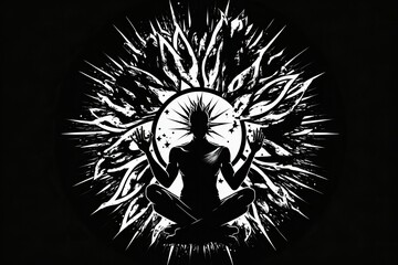 Astrological yoga. Logo for the practice of meditation. A human striking a lotus position. Totem of enlightenment, spirituality, inner and outer peace, and religious piety. Imaginative black and white