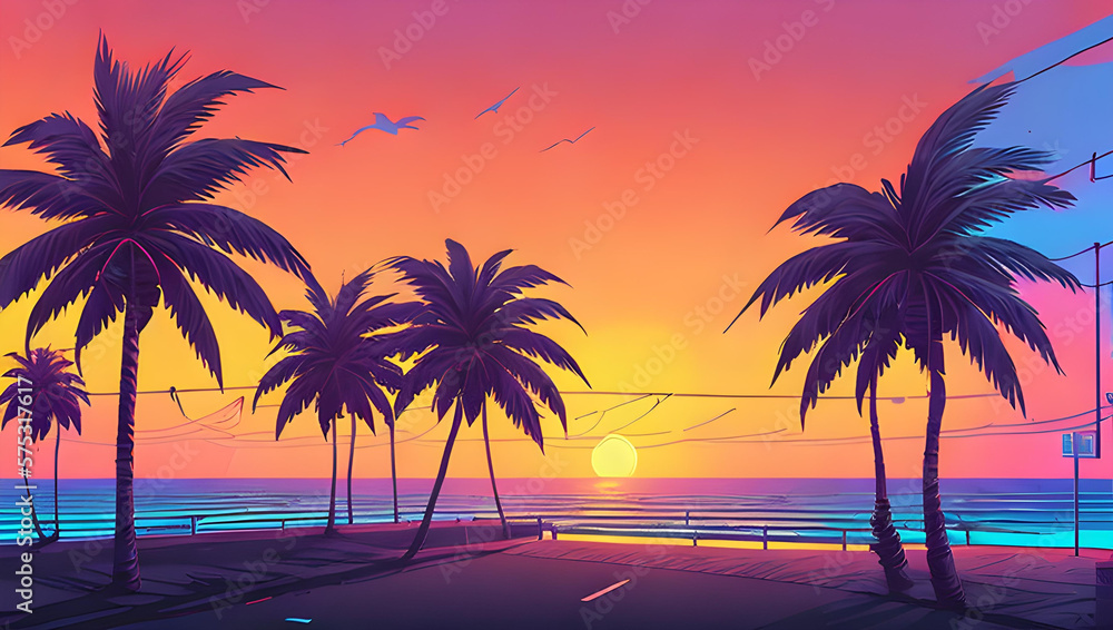 Wall mural palm trees at sunset - synthwave style - Wall murals