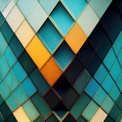 Diamond-shaped blue yellow white pattern. Bright ornament from diagonal quadrangles. AI-generated