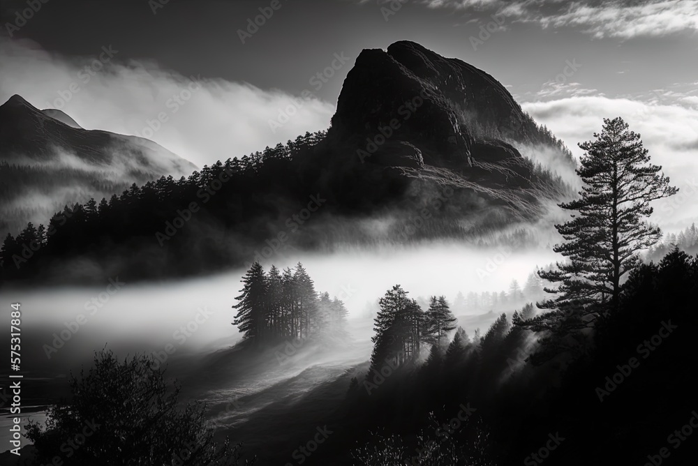 Poster the little saar loop's mountain range is shrouded in growing fog. generative ai