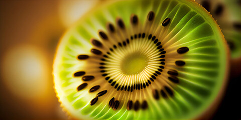 Fresh sliced kiwi fruit macro. Created with Generative AI.