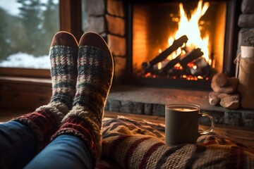Fototapeta na wymiar Cozy Feet in Winterwear Socks next to Fireplace with Hot Drink Beautiful and Relaxing Scenery, Generative AI