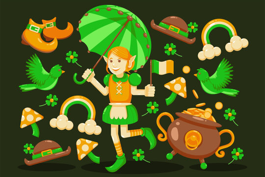 St. Patrick's Day. Vector illustration of a woman carrying an umbrella