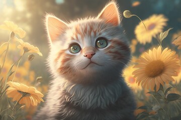 Obraz premium Cute cat morning sunshine and flowers. AI Generated