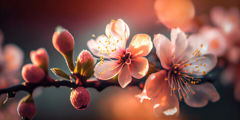 Focus of beautiful branches of spring blossoms panorama on the tree, AI Generated