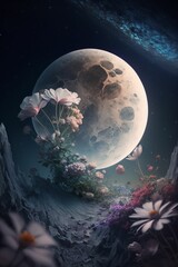 Flowers, moon, space design. AI Generated