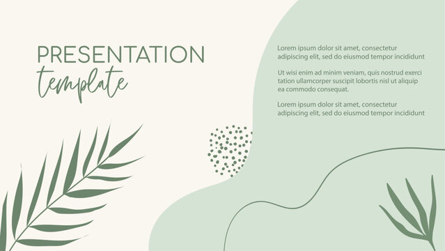 Presentation organic green template. Natural floral green minimal vector background with organic shapes and palm leaf