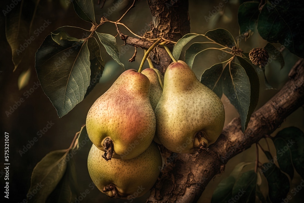 Poster image focusing in on pears hanging from a tree in a lush forest generative ai