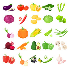 A large mega set of vegetables and fruits in a juicy cartoon style. The concept of healthy food and products. A bright element for your design.