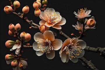 Obraz na płótnie Canvas Generative ai of apricot flowers over a dark background. spring romantic concept