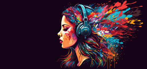Illustration of woman with headphones listening to music with copy space. Generative AI