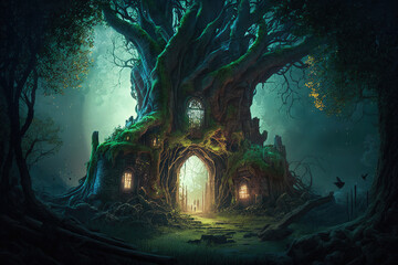 Tree house in the deep forest fantasy. Generative Ai