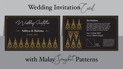 wedding invitation with malay songket pattern, vector, traditional melayu undangan pernikahan. - obrazy, fototapety, plakaty
