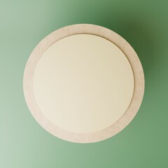 3d rendering. Circular shape with copy space for logo design. light Wood empty circle on green background. Eco bio simple advertising concept. minimal 3d illustration