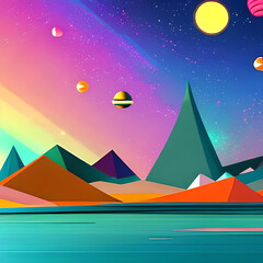 Tiny cute cartoon geometric Extraterrestrial landscape, scenery of alien planet in deep space. AI generated illustration