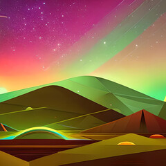 Obraz premium Tiny cute cartoon geometric Extraterrestrial landscape, scenery of alien planet in deep space. AI generated illustration