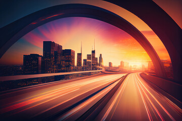 Obraz premium Highway overpass motion blur with city skyline background under sunset scene .
